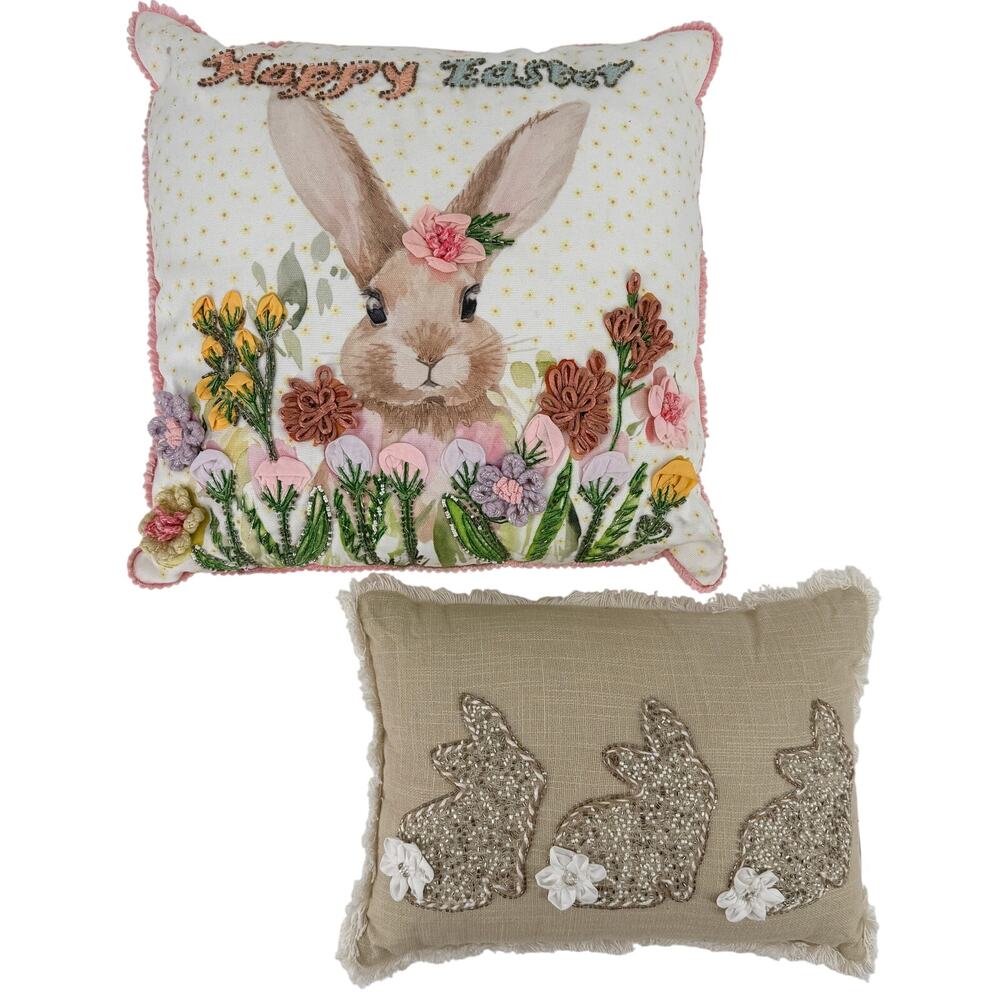 Bunny Boulevard Easter Pillow Lot Of 2 Beaded Embroidered Spring Decor